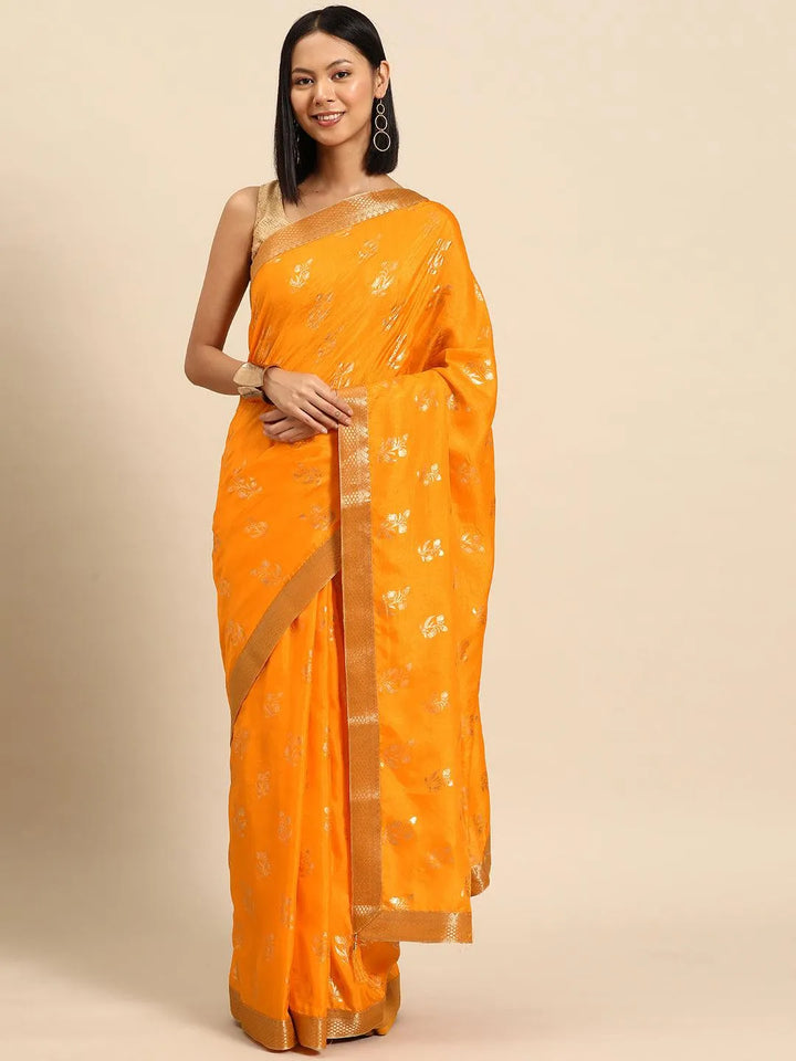 Yellow Printed Silk Blend Saree - Libas