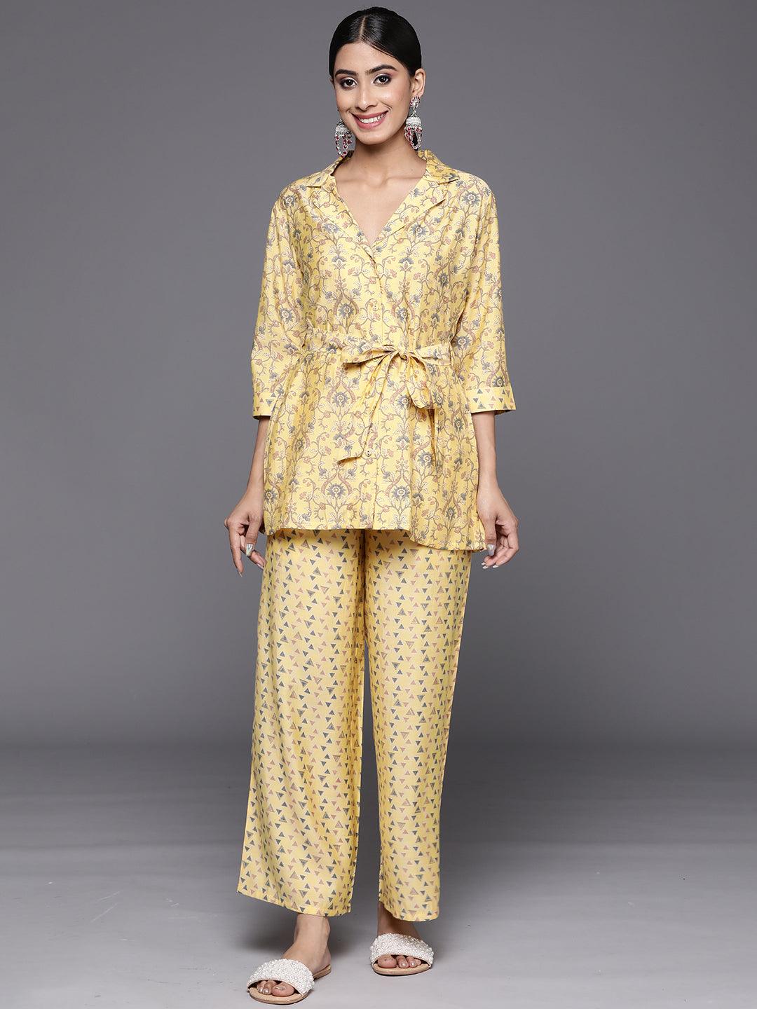 Yellow Printed Silk Blend Co-Ords - Libas 