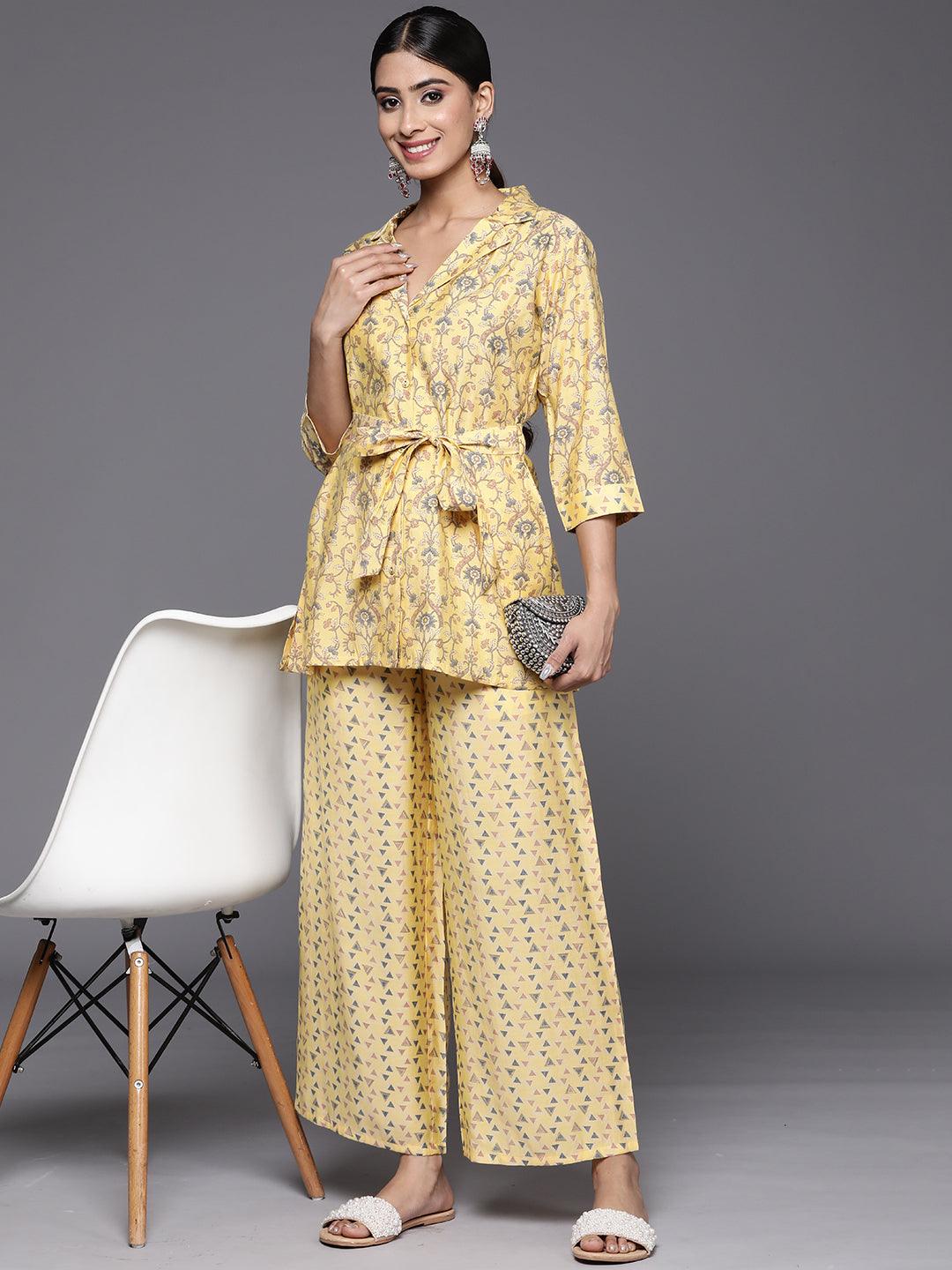 Yellow Printed Silk Blend Co-Ords - Libas 