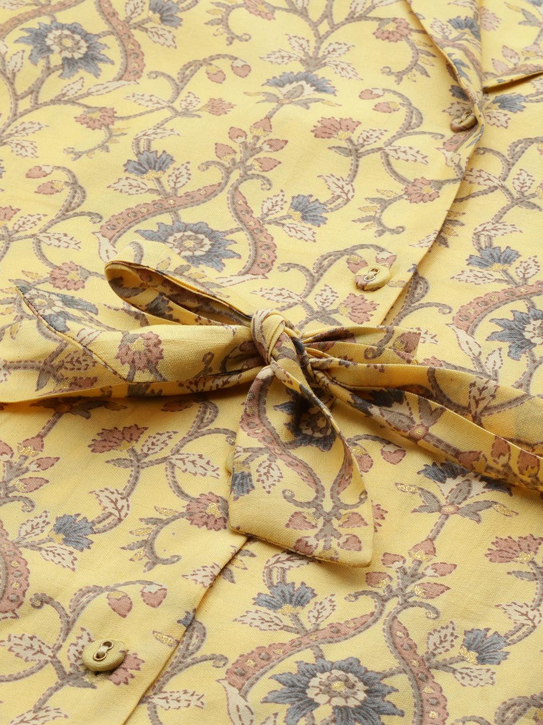 Yellow Printed Silk Blend Shirt With Palazzos