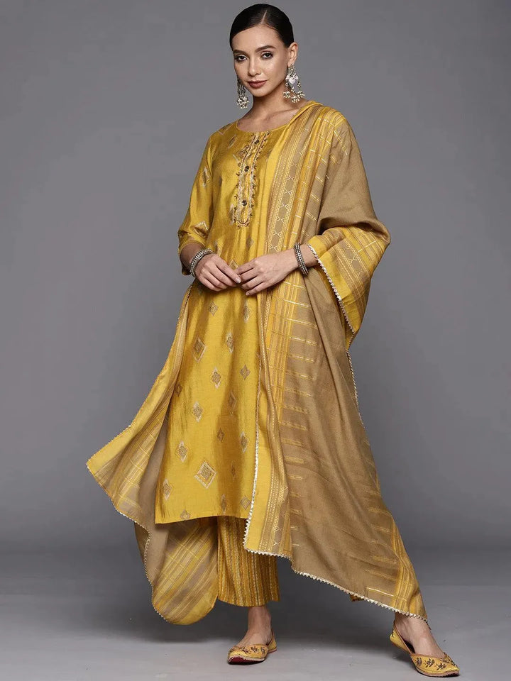 Yellow Printed Silk Blend Straight Suit Set - Libas