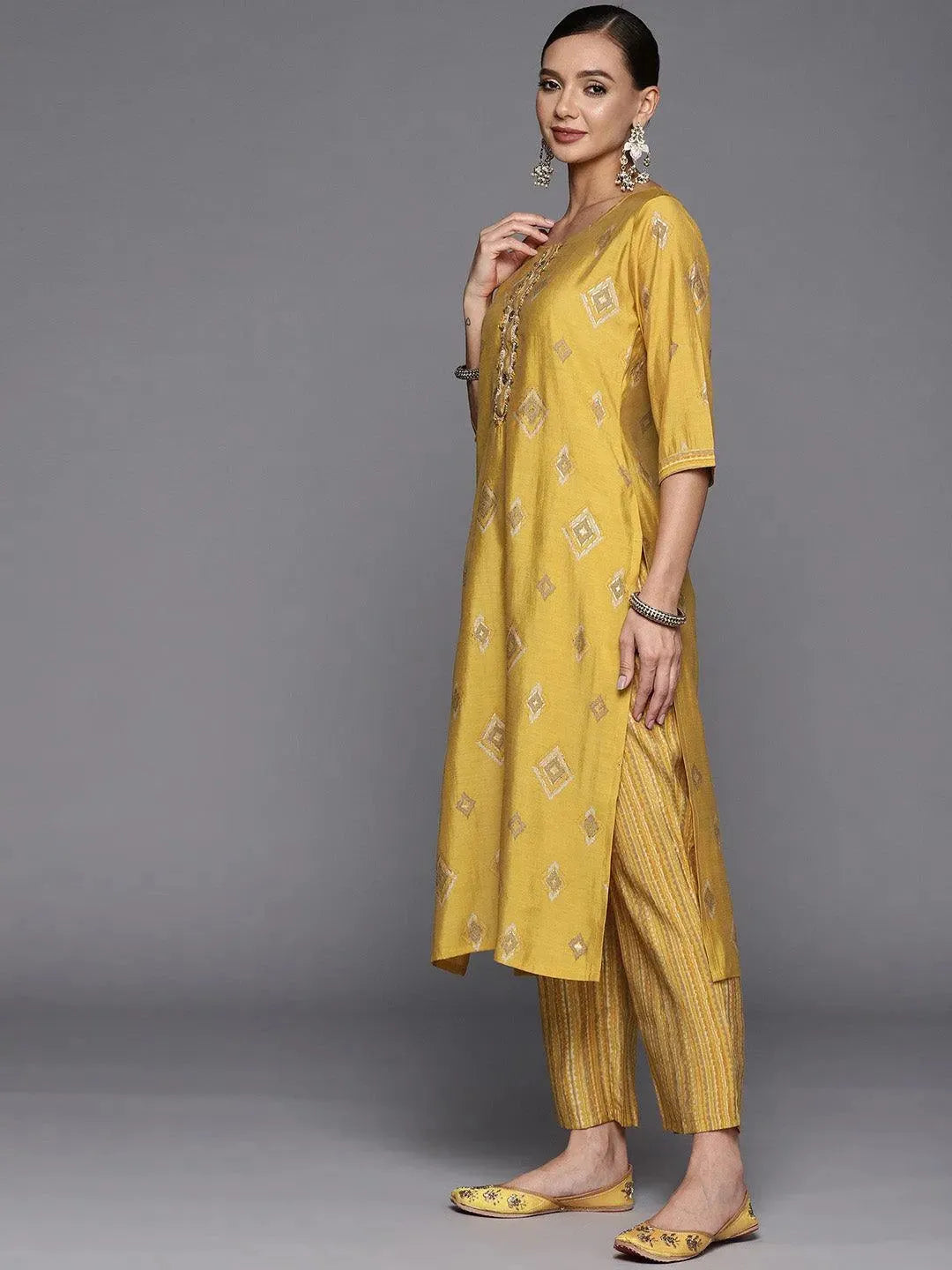 Yellow Printed Silk Blend Straight Suit Set - Libas