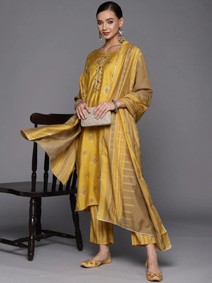 Yellow Printed Silk Blend Straight Suit Set - Libas