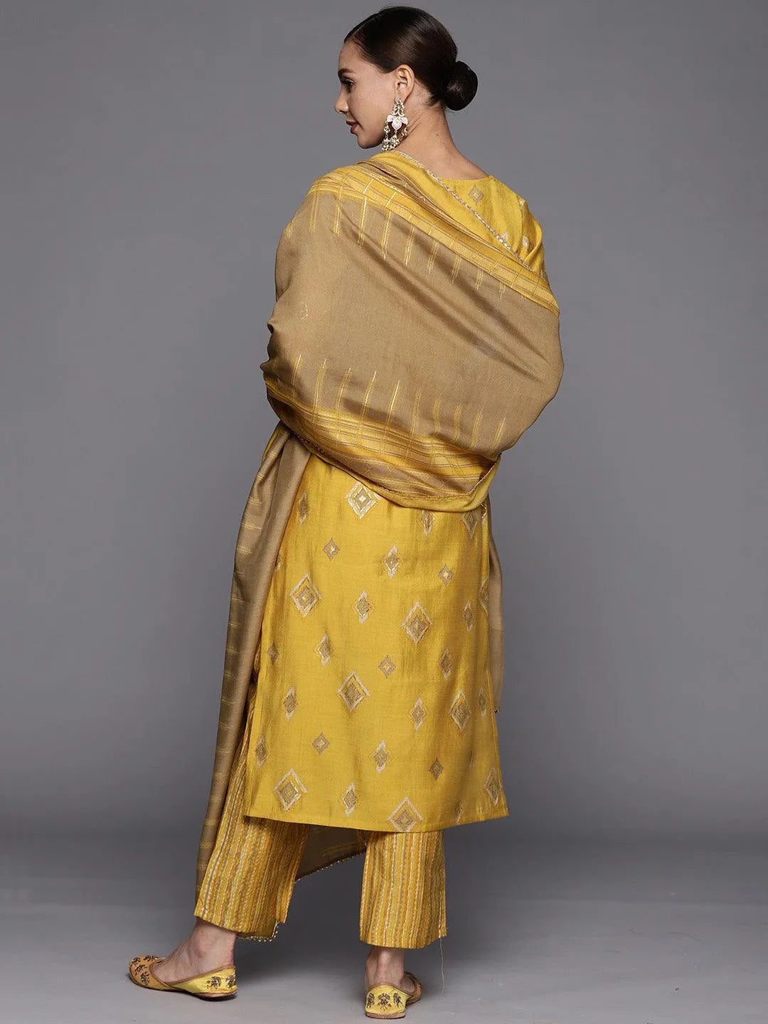 Yellow Printed Silk Blend Straight Suit Set - Libas