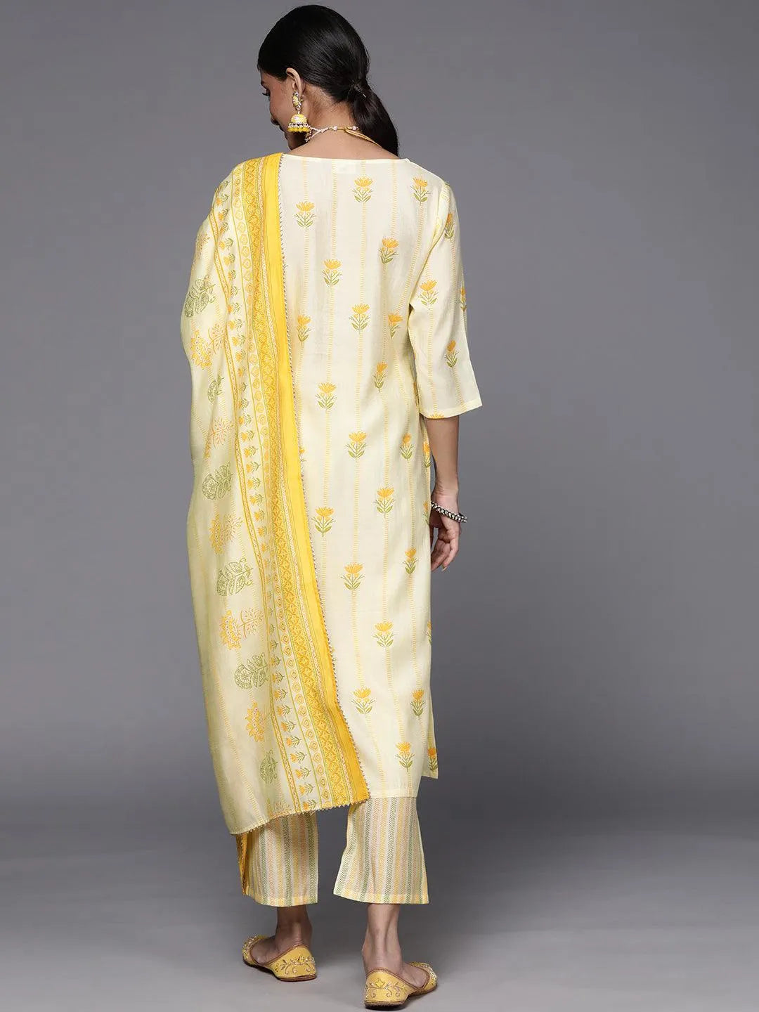 Yellow Printed Silk Blend Straight Suit Set - Libas