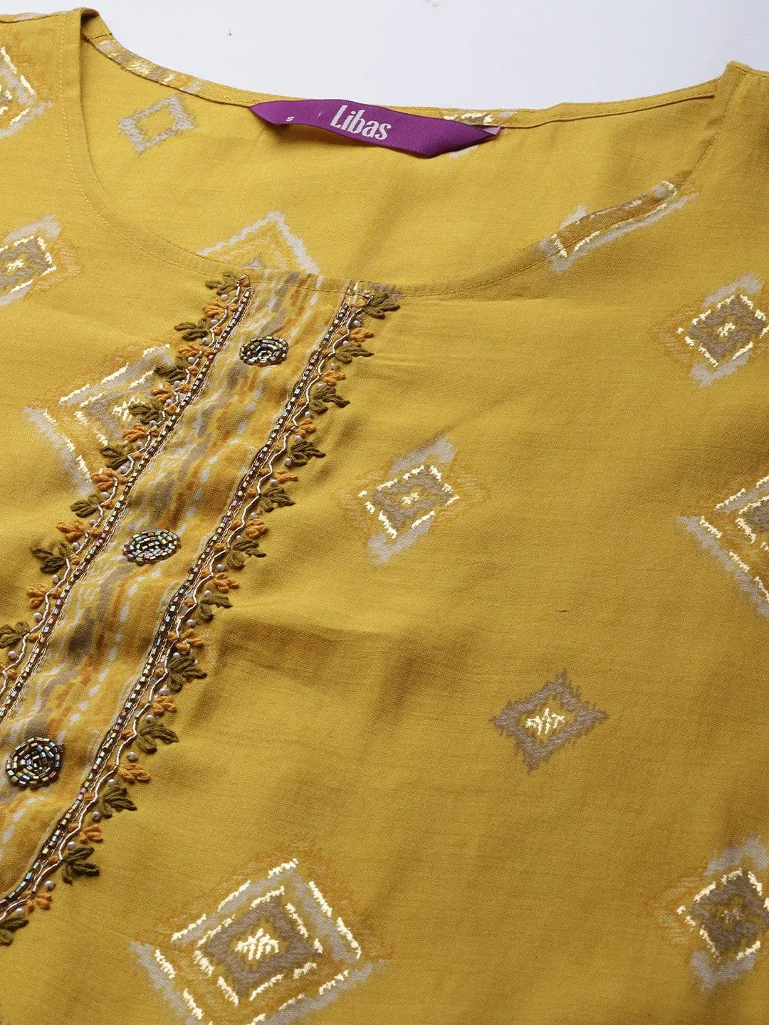 Yellow Printed Silk Blend Straight Suit Set - Libas