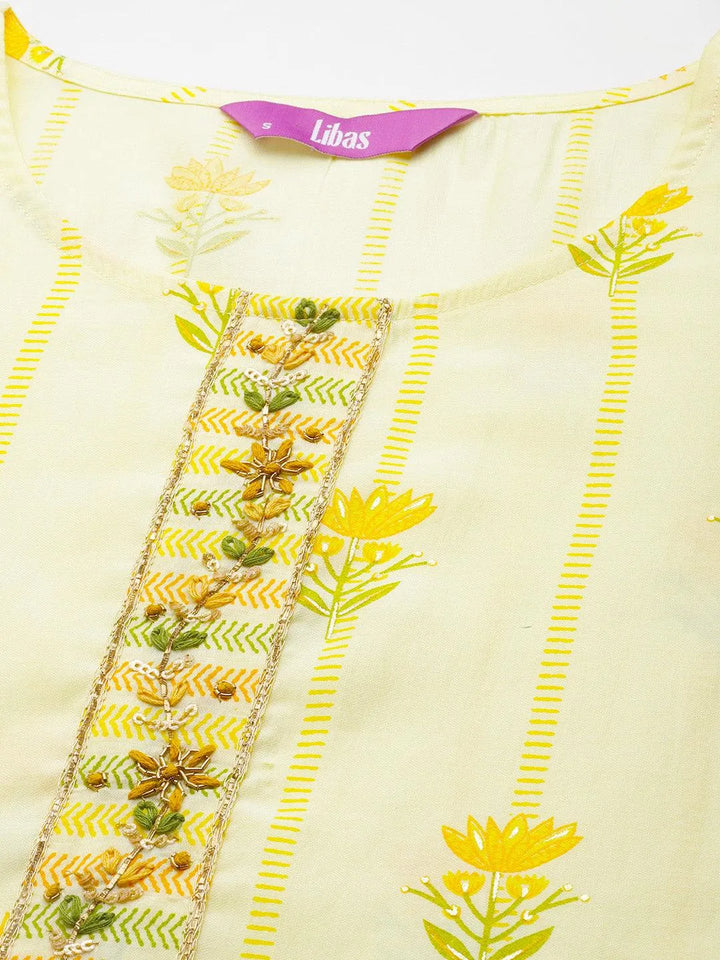 Yellow Printed Silk Blend Straight Suit Set - Libas