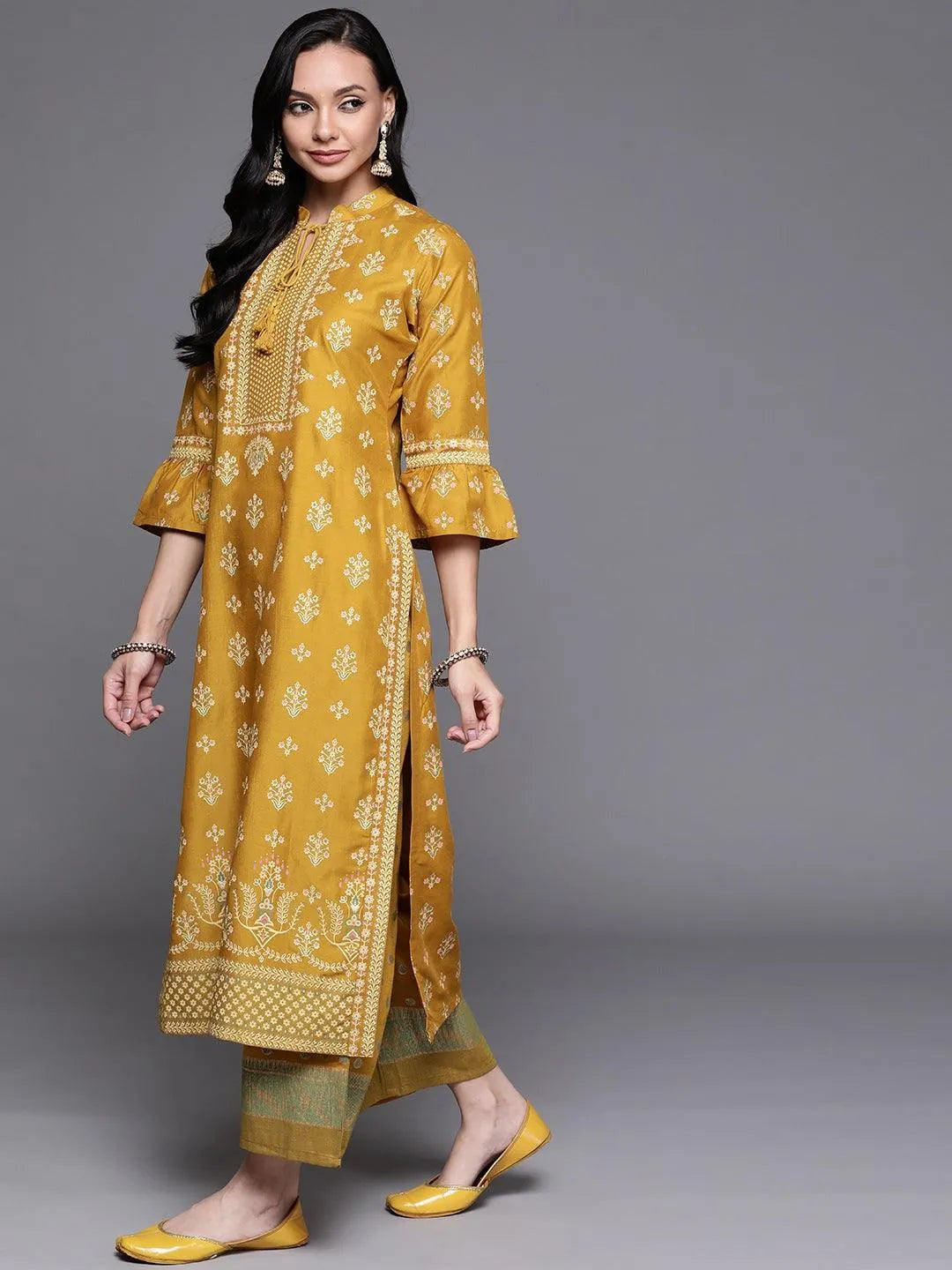 Yellow Printed Silk Blend Suit Set - Libas