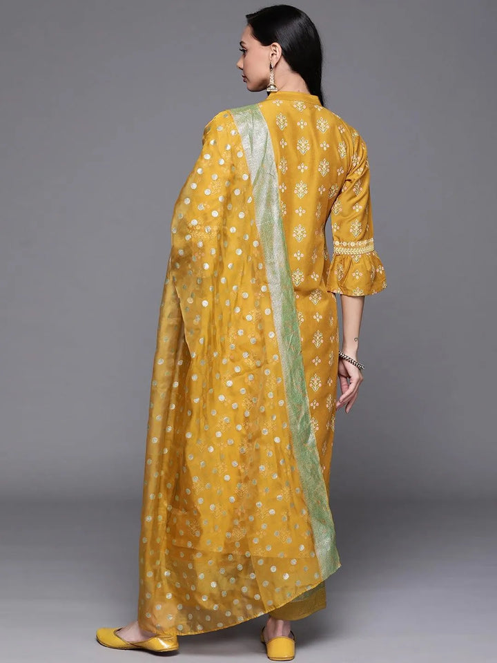 Yellow Printed Silk Blend Suit Set - Libas