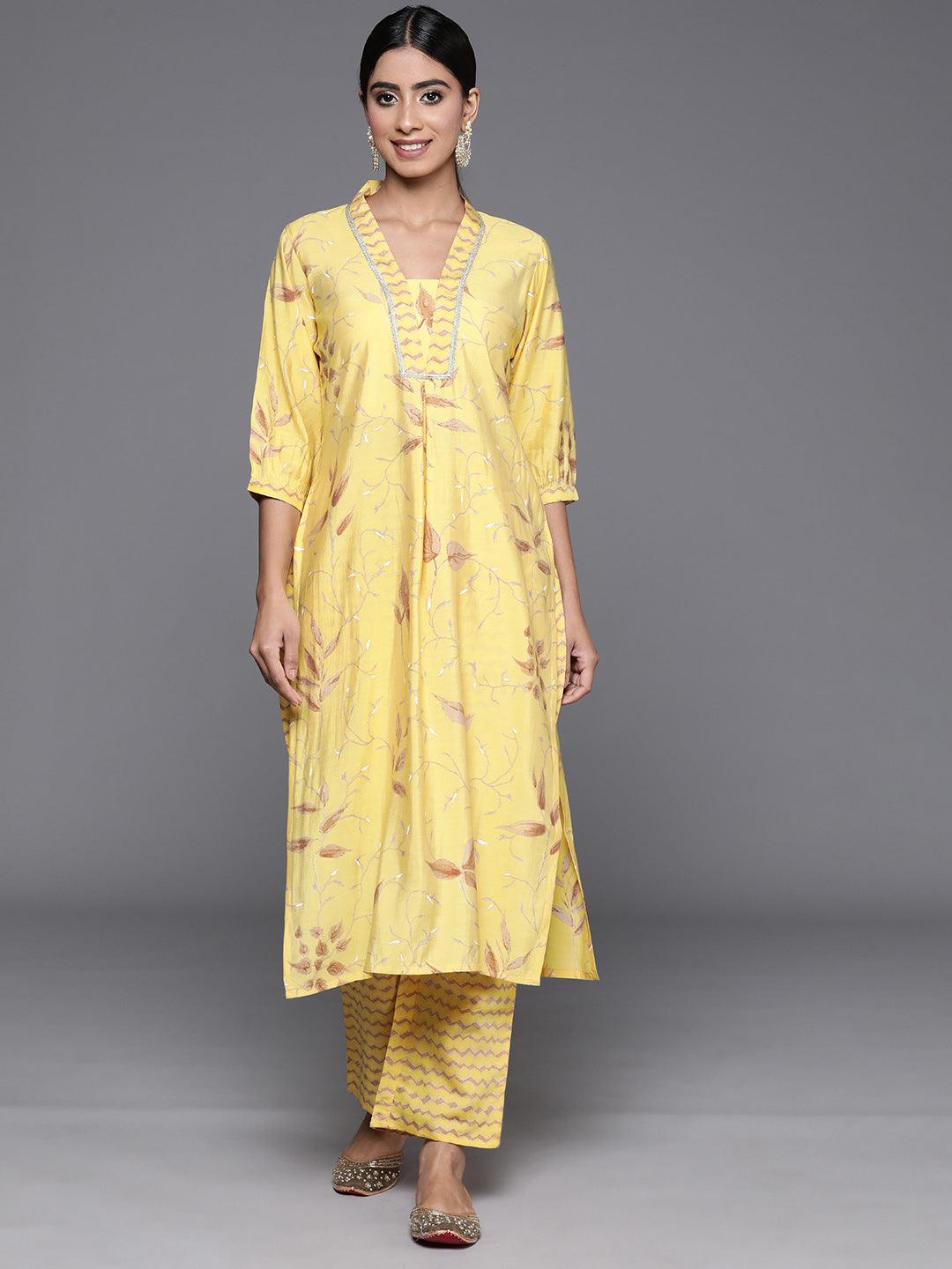 Yellow Printed Silk Blend Straight Kurta With Palazzos - Libas 