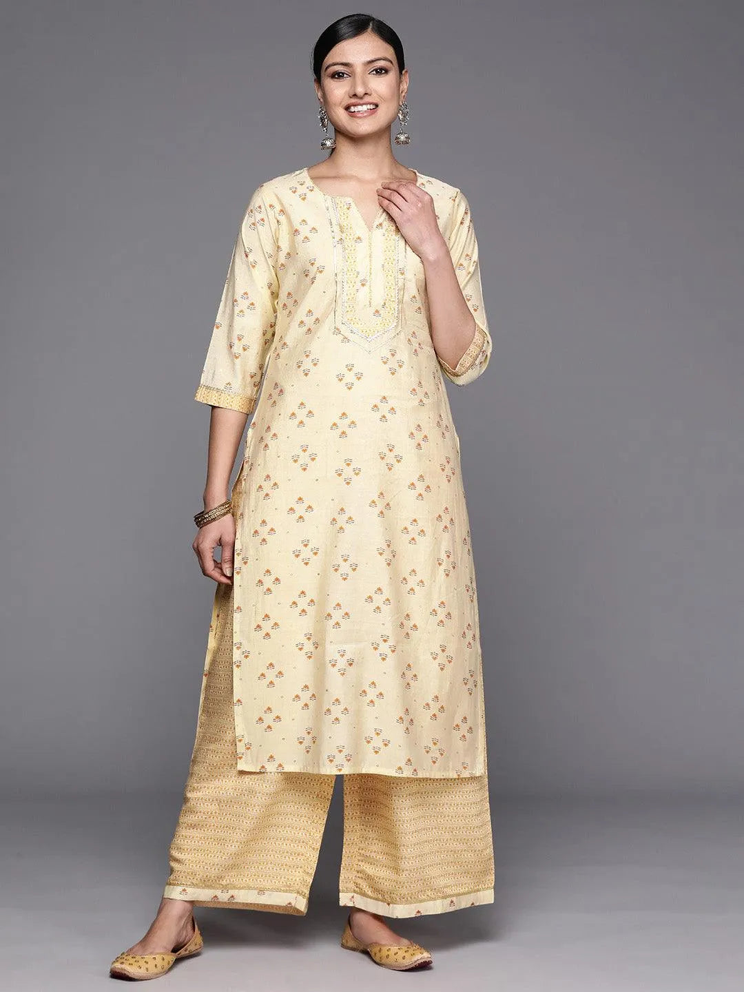 Yellow Printed Silk Blend Straight Kurta Set With Palazzos - Libas 