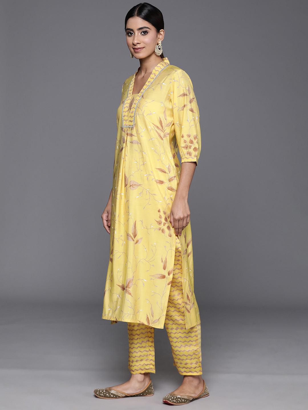 Yellow Printed Silk Blend Straight Kurta With Palazzos - Libas 