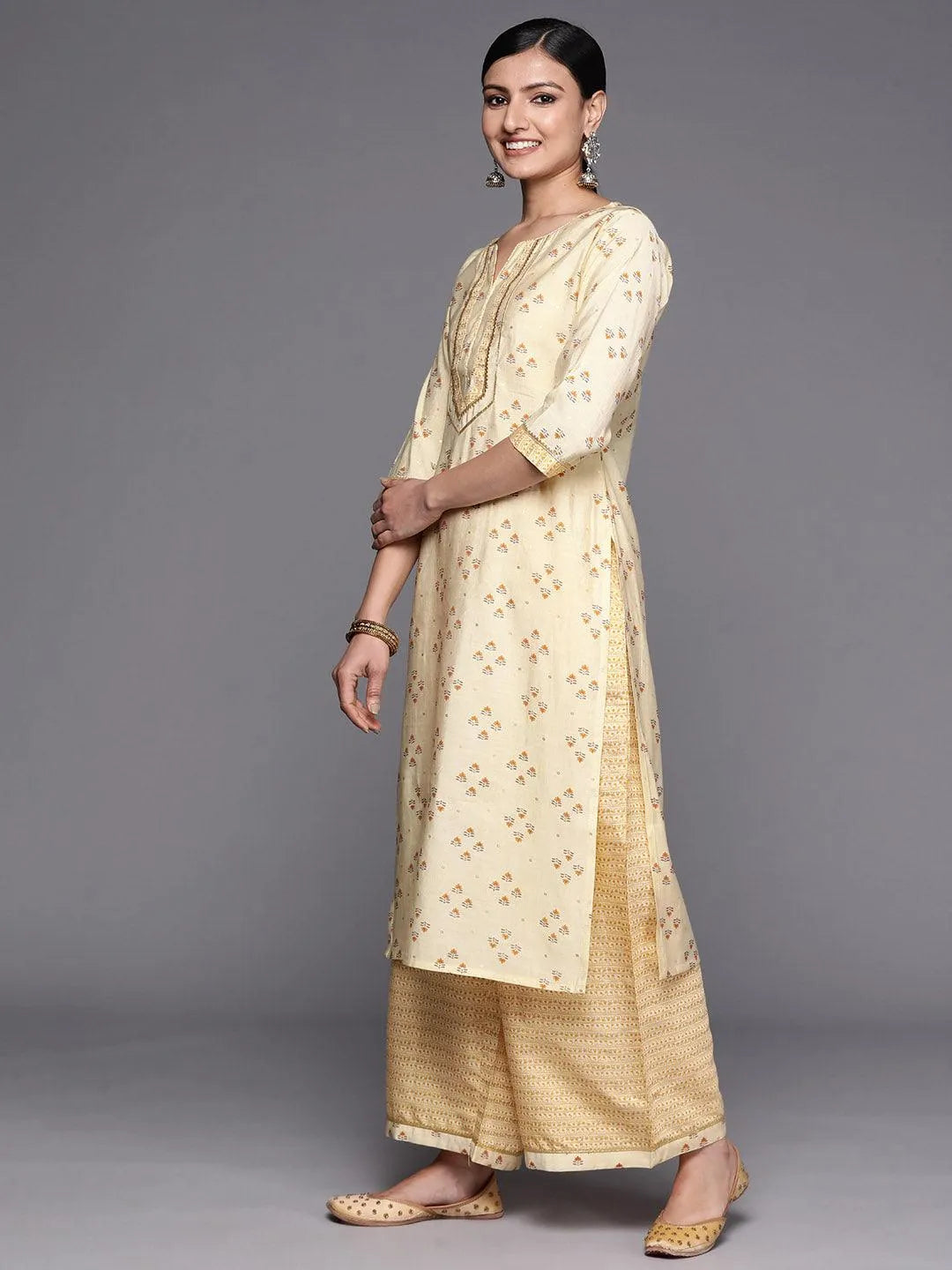 Yellow Printed Silk Blend Straight Kurta Set With Palazzos - Libas 