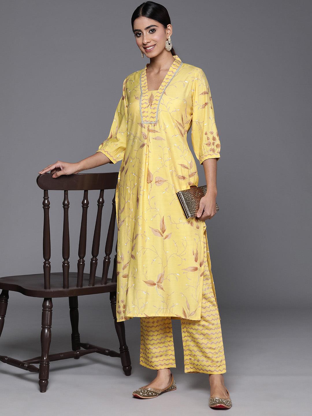 Yellow Printed Silk Blend Straight Kurta With Palazzos - Libas 