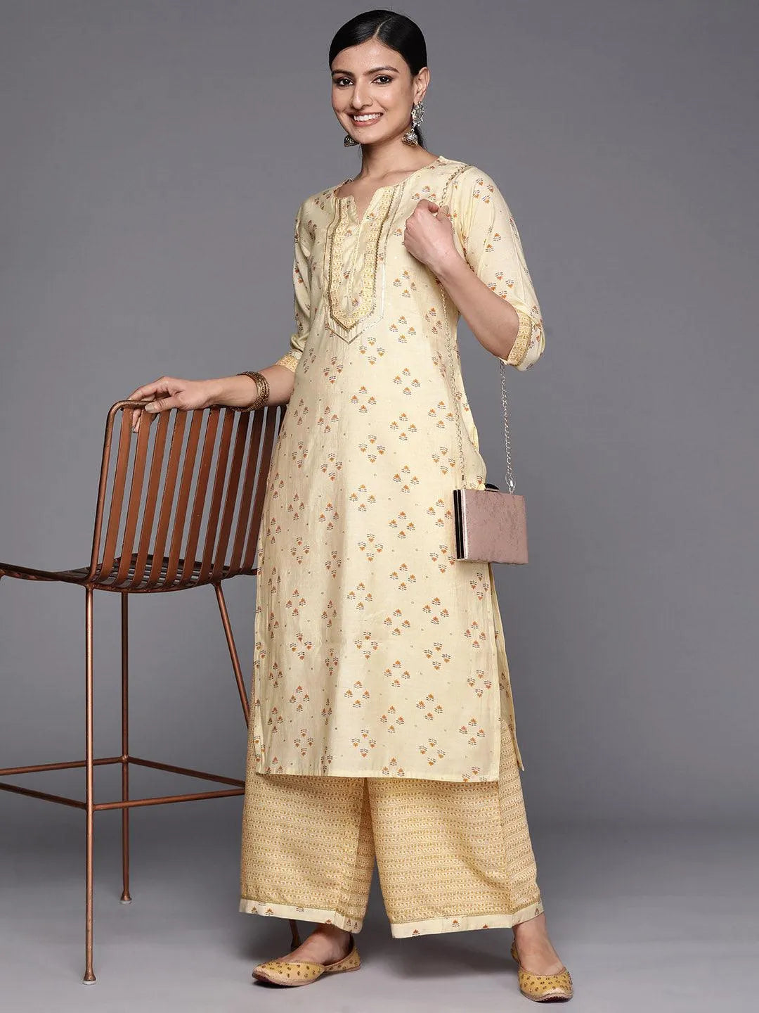 Yellow Printed Silk Blend Straight Kurta Set With Palazzos - Libas 