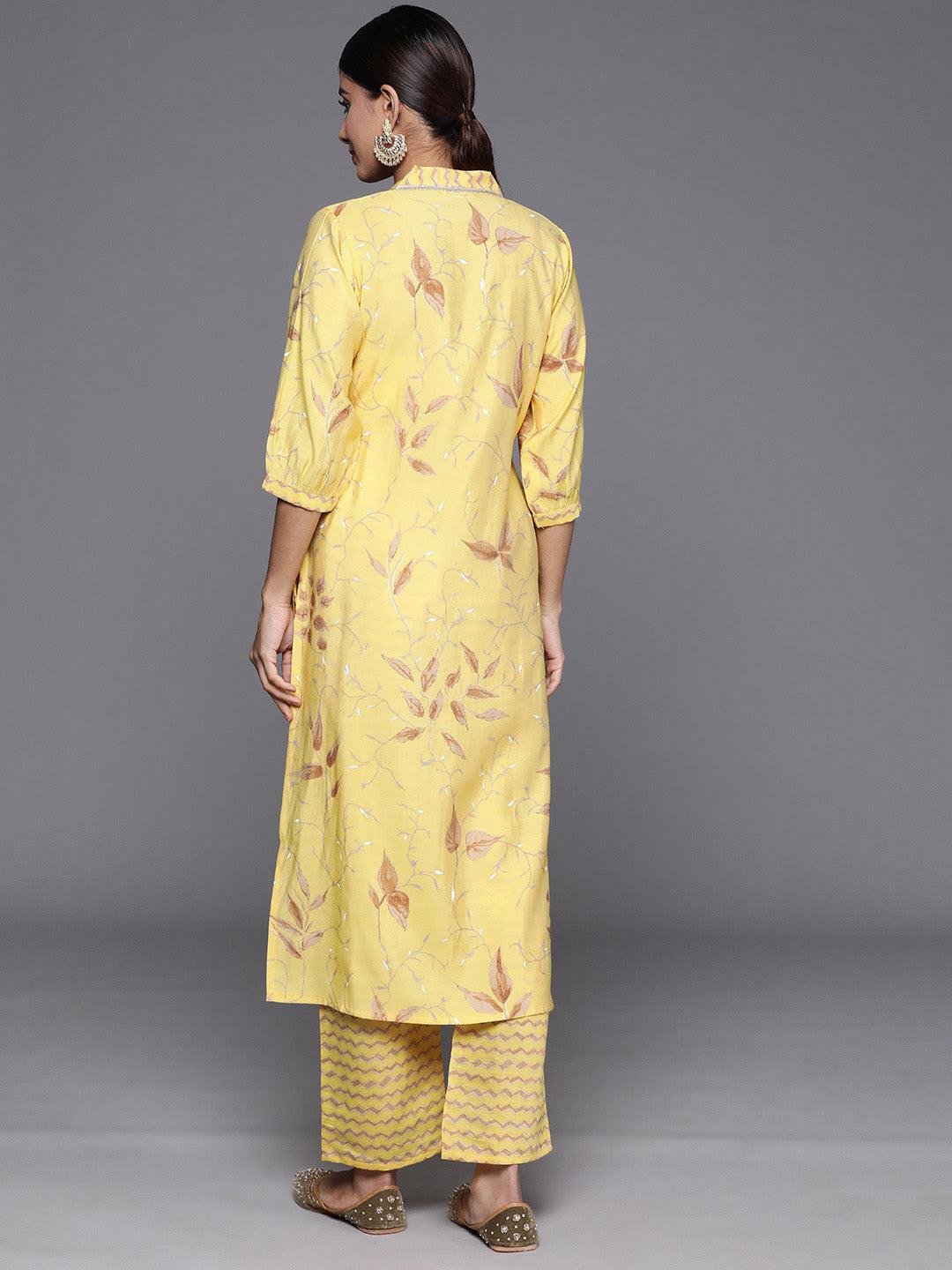 Yellow Printed Silk Blend Straight Kurta With Palazzos - Libas