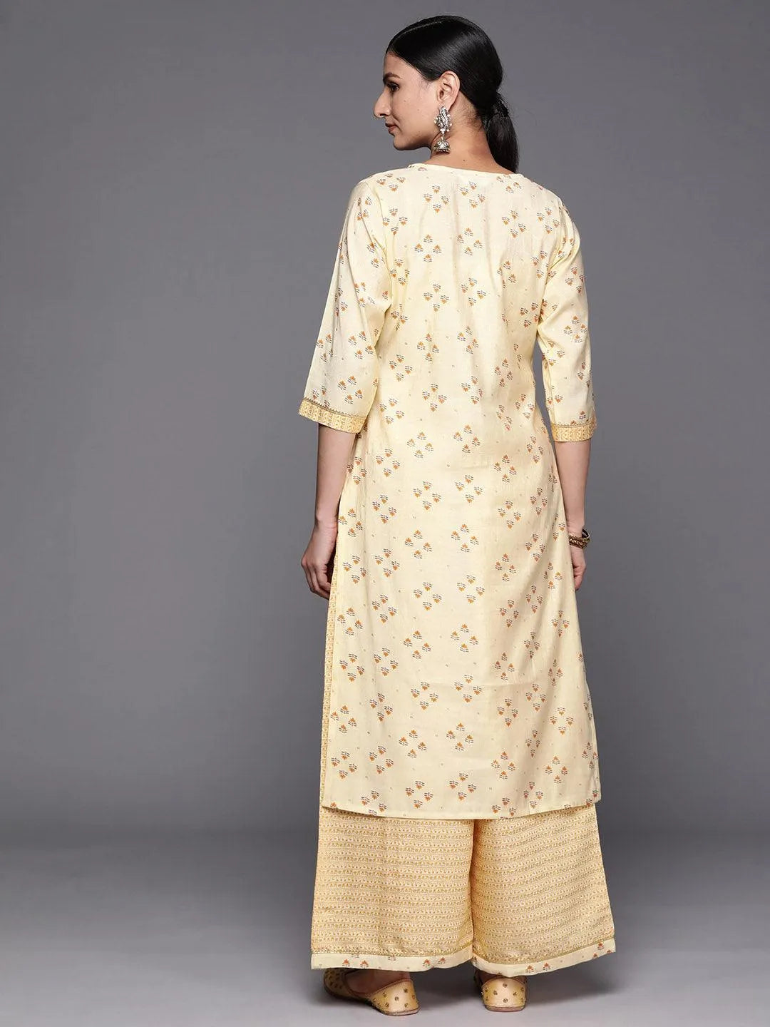 Yellow Printed Silk Blend Straight Kurta Set With Palazzos - Libas