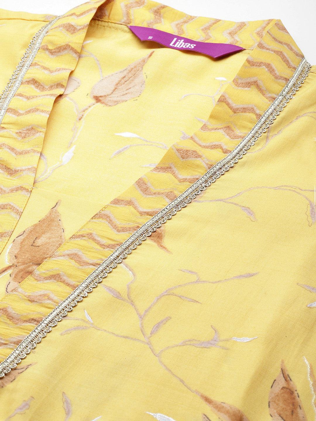 Yellow Printed Silk Blend Straight Kurta With Palazzos - Libas