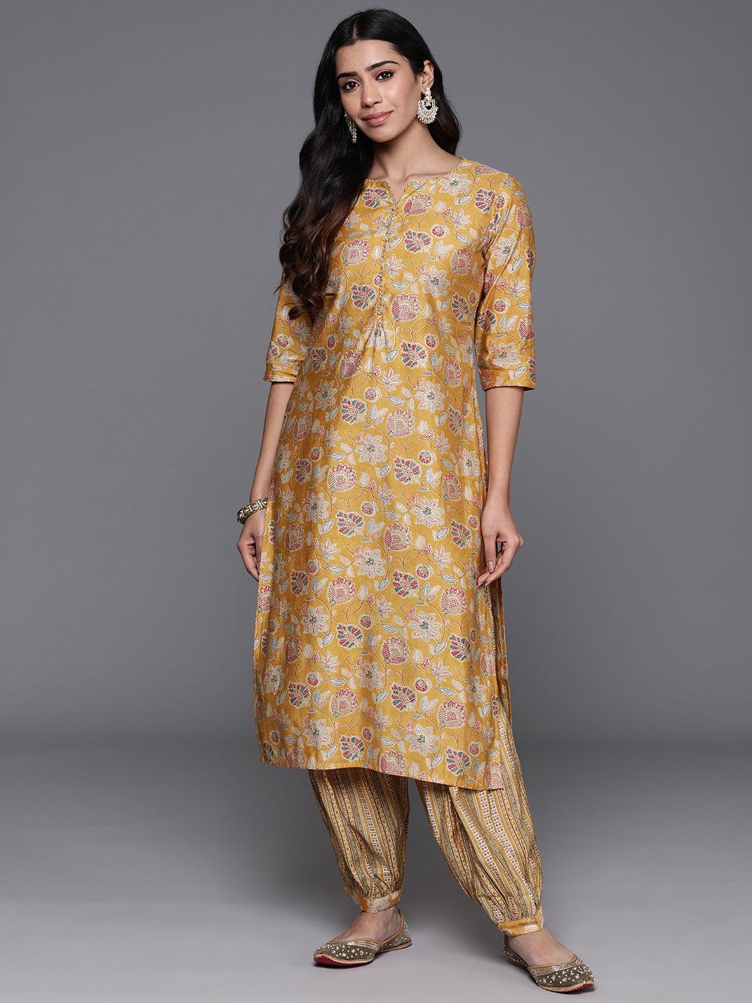 Yellow Printed Silk Blend Straight Kurta With Salwar - Libas 