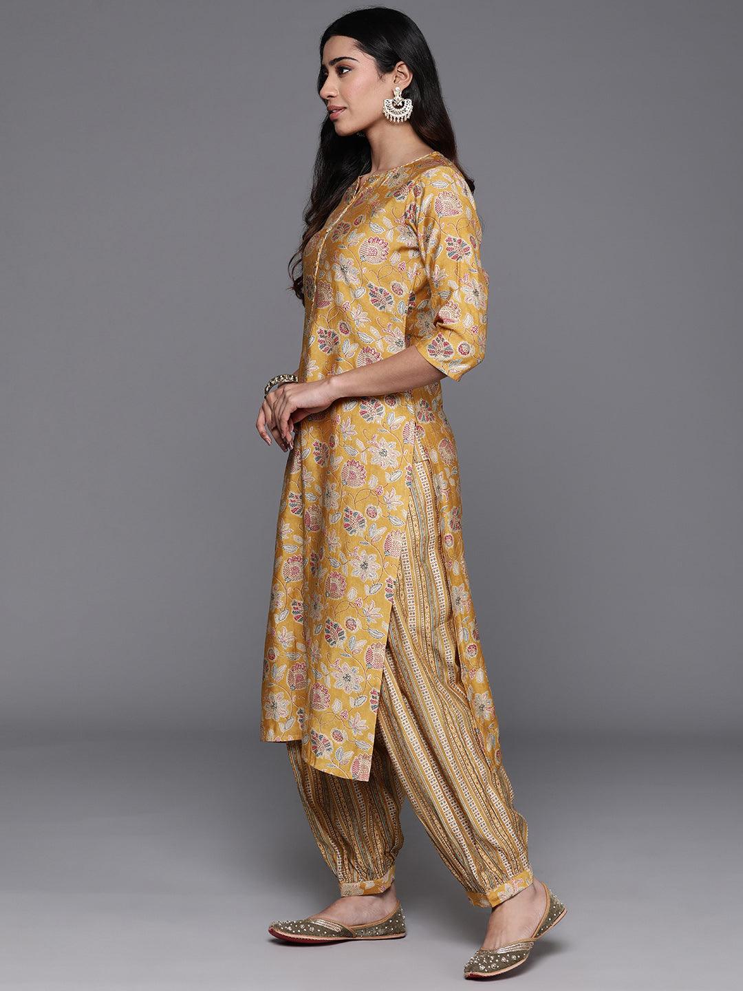 Yellow Printed Silk Blend Straight Kurta With Salwar - Libas 