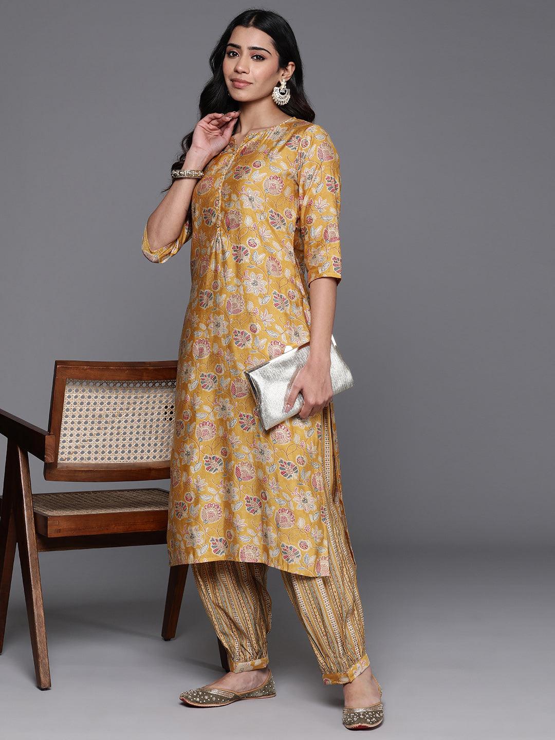 Yellow Printed Silk Blend Straight Kurta With Salwar - Libas 