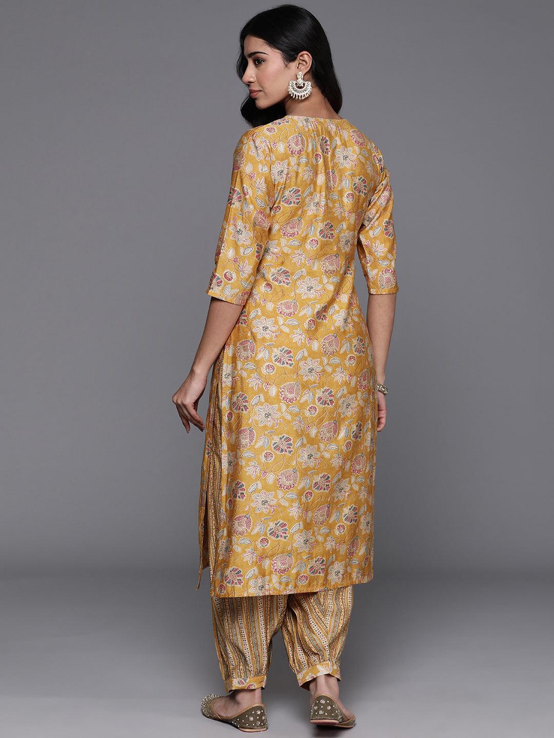 Yellow Printed Silk Blend Straight Kurta With Salwar - Libas 