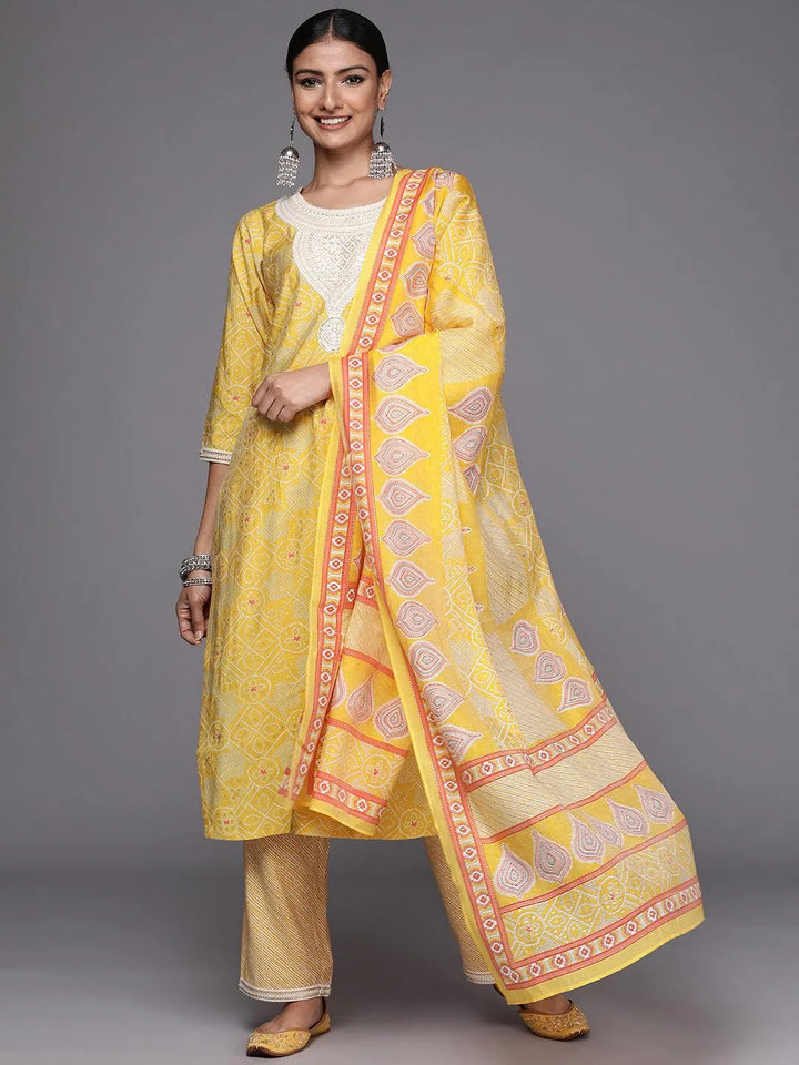 Yellow Printed Silk Blend Straight Suit Set - Libas