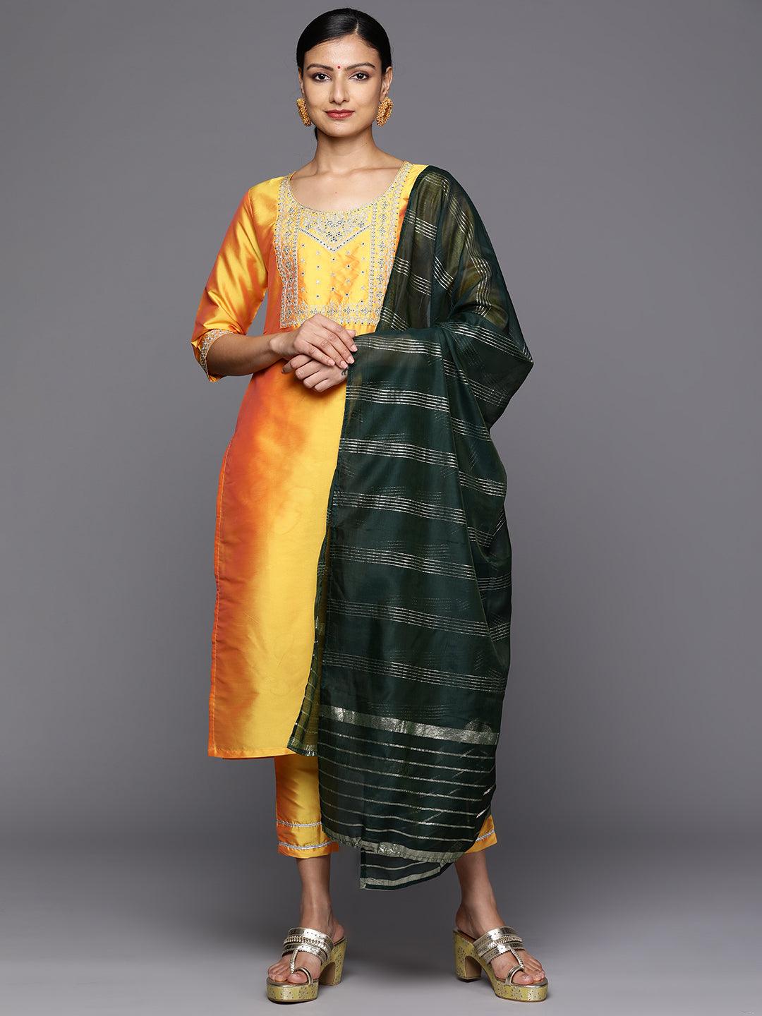 Yellow Printed Silk Blend Straight Kurta With Trousers & Dupatta - Libas