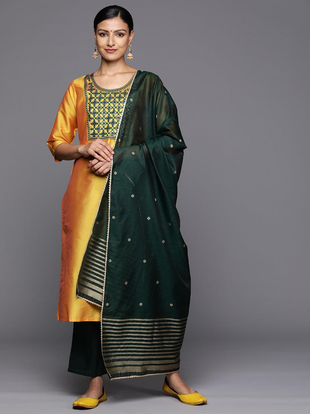 Yellow Printed Silk Blend Straight Kurta With Trousers & Dupatta - Libas 