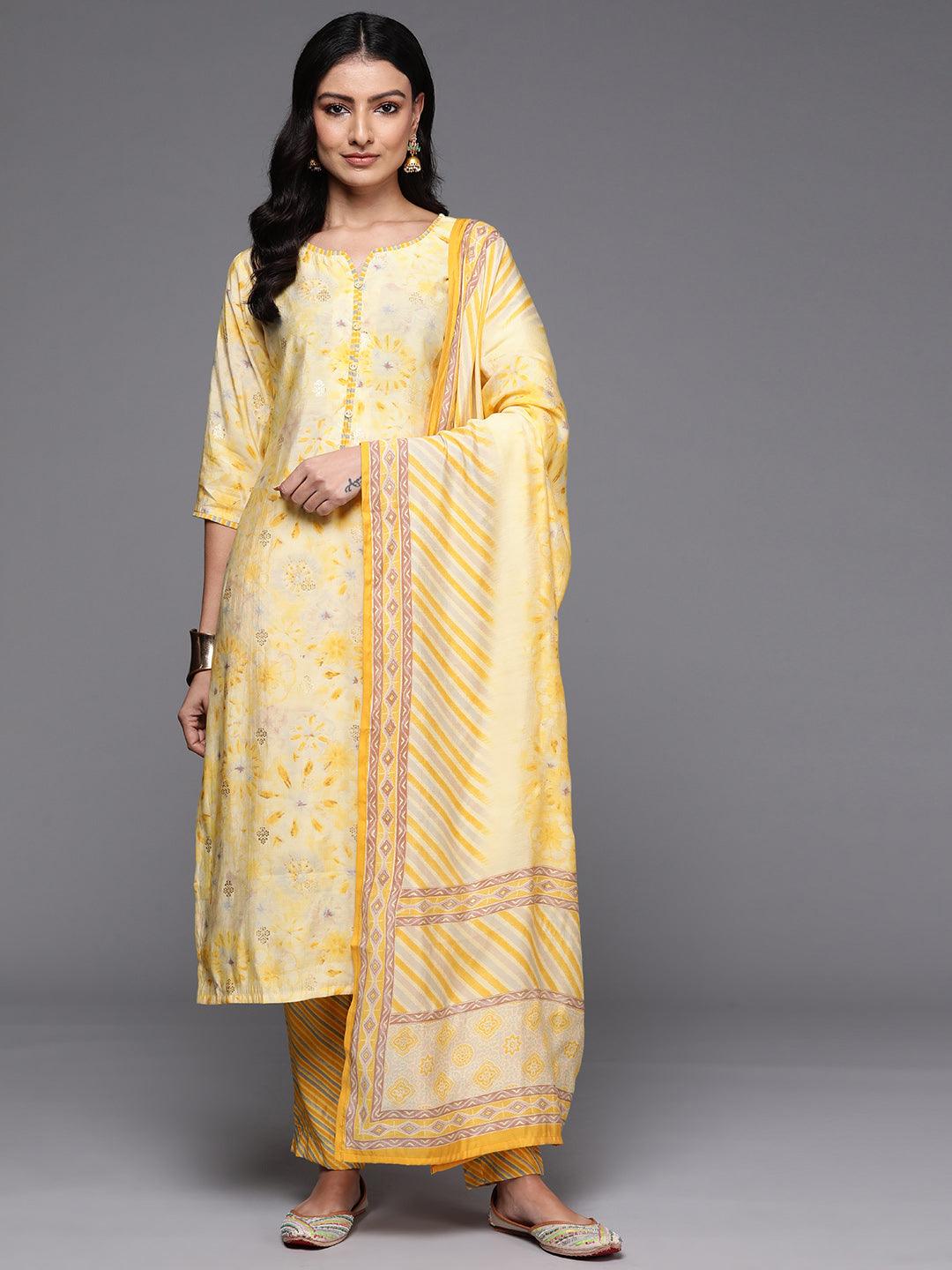 Yellow Printed Silk Blend Straight Kurta With Trousers & Dupatta - Libas