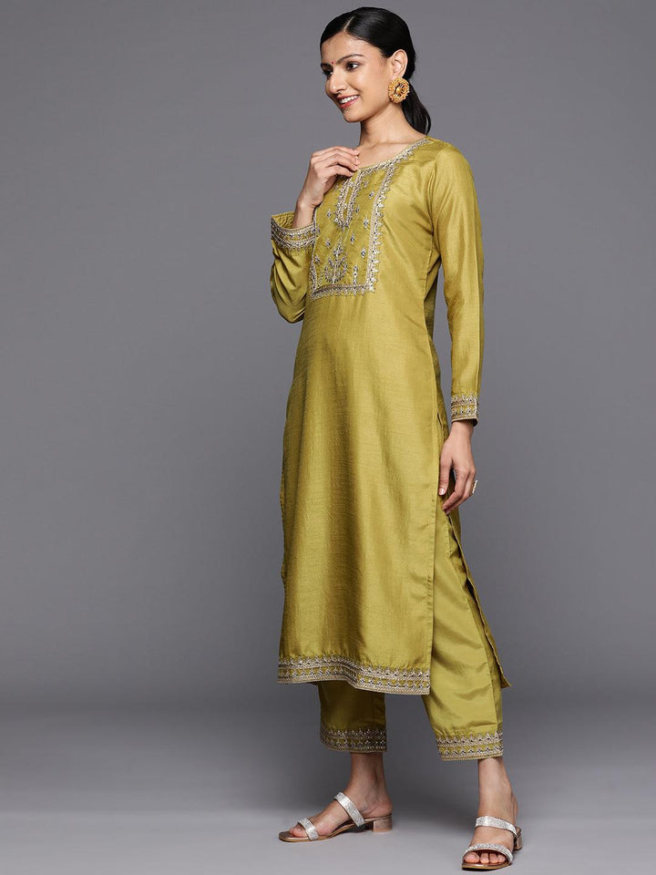 Yellow Printed Silk Blend Straight Kurta With Trousers & Dupatta - Libas