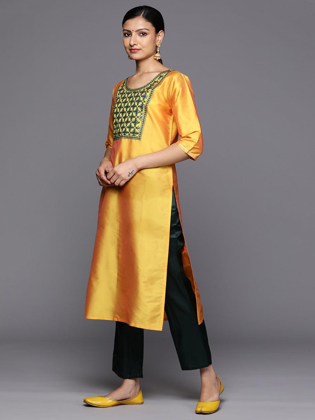 Yellow Printed Silk Blend Straight Kurta With Trousers & Dupatta - Libas 