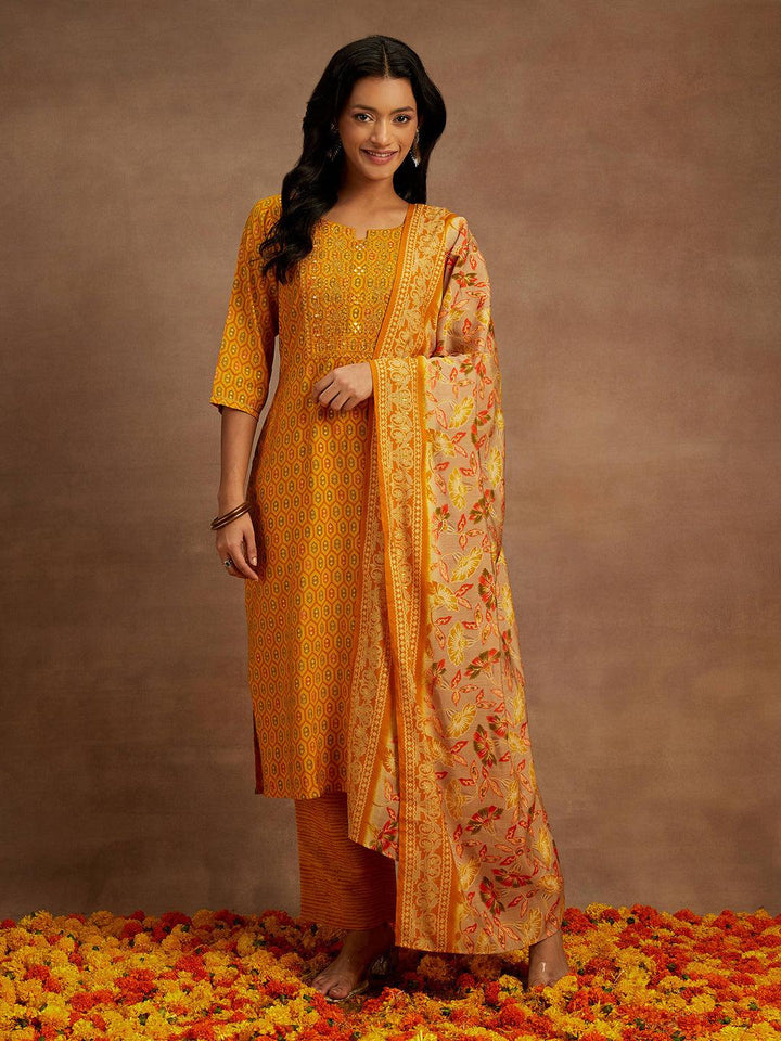 Yellow Printed Silk Blend Straight Kurta With Trousers & Dupatta - Libas