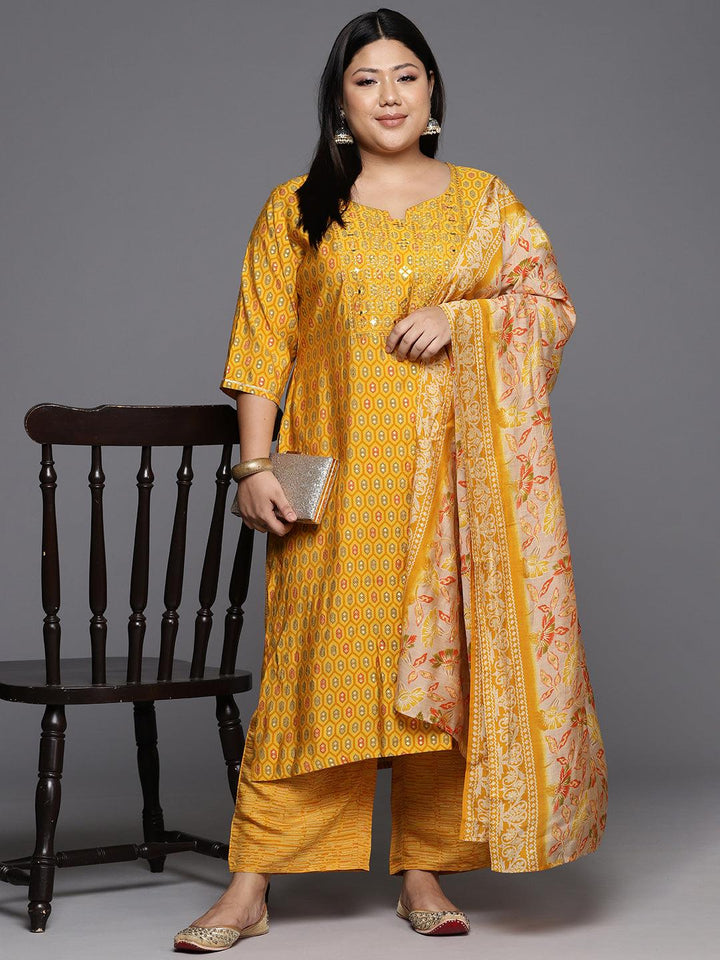 Yellow Printed Silk Blend Straight Kurta With Trousers & Dupatta - Libas