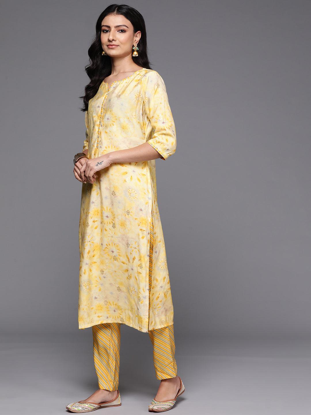 Yellow Printed Silk Blend Straight Kurta With Trousers & Dupatta - Libas