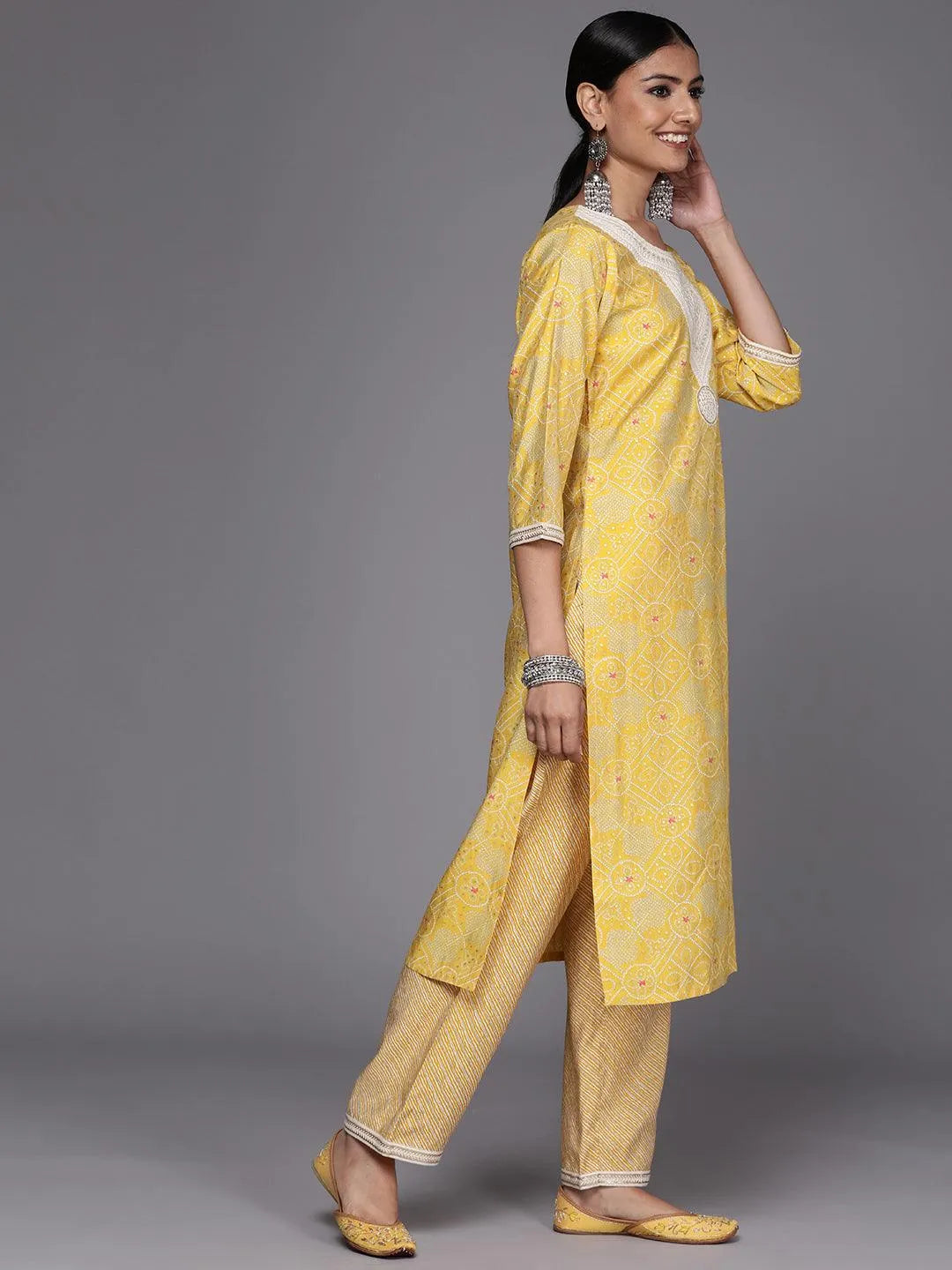 Yellow Printed Silk Blend Straight Suit Set - Libas