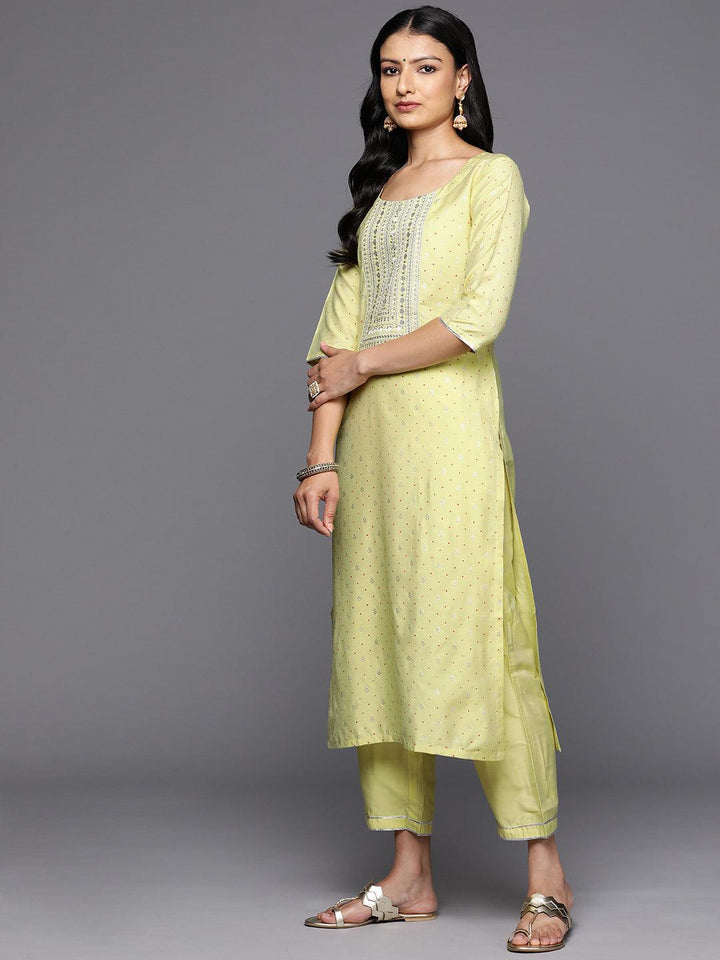 Yellow Printed Silk Blend Straight Kurta With Trousers & Dupatta - Libas