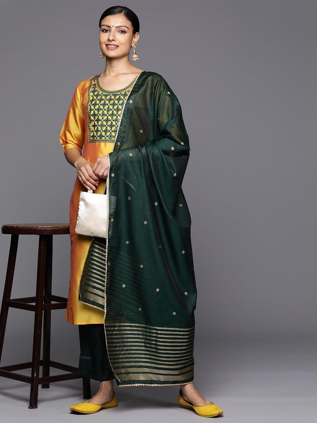 Yellow Printed Silk Blend Straight Kurta With Trousers & Dupatta - Libas 