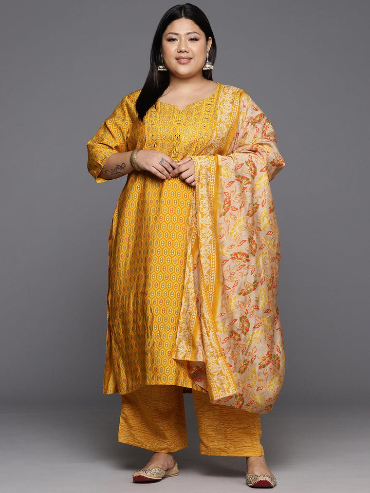 Yellow Printed Silk Blend Straight Kurta With Trousers & Dupatta - Libas