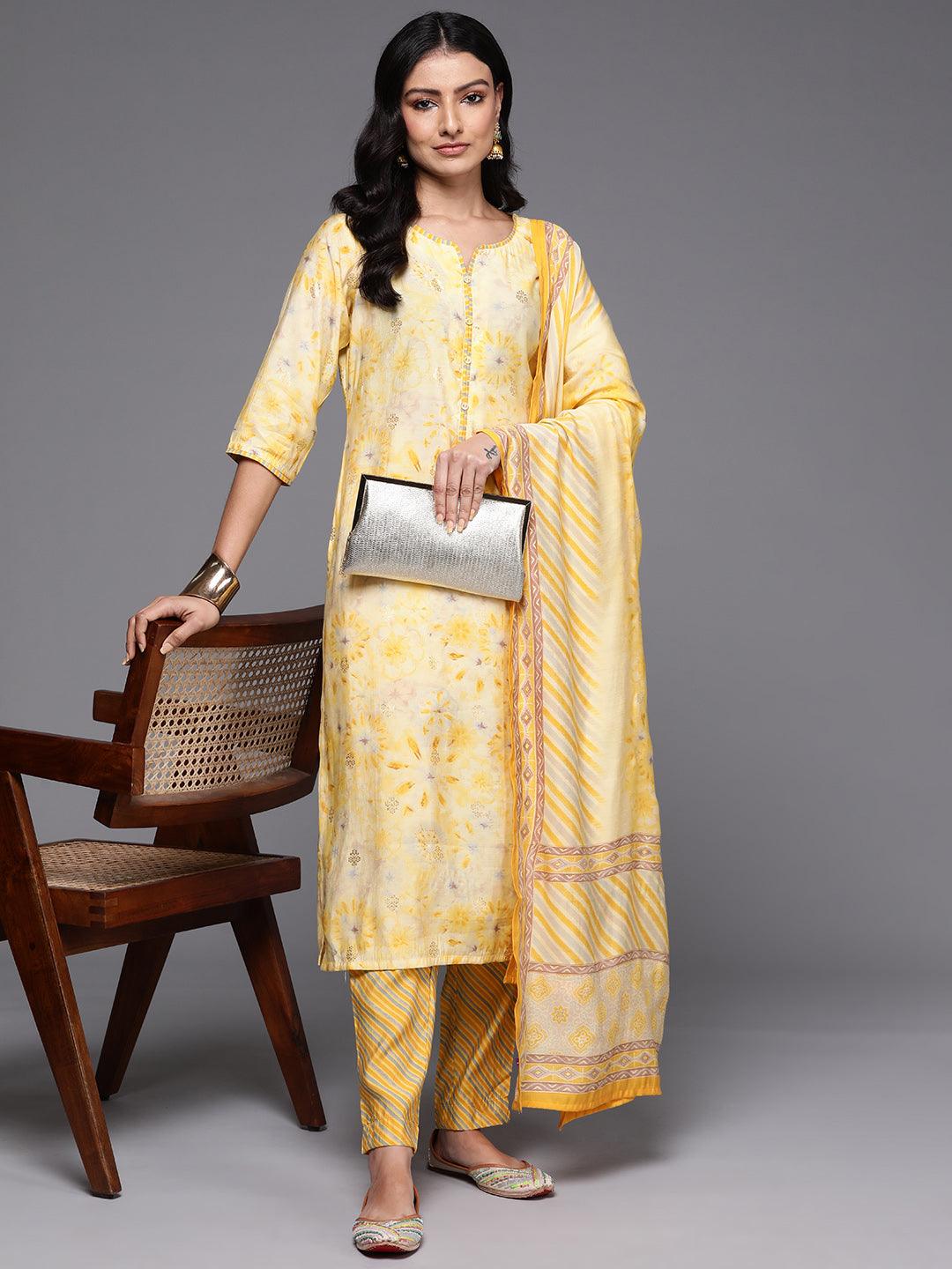 Yellow Printed Silk Blend Straight Kurta With Trousers & Dupatta - Libas