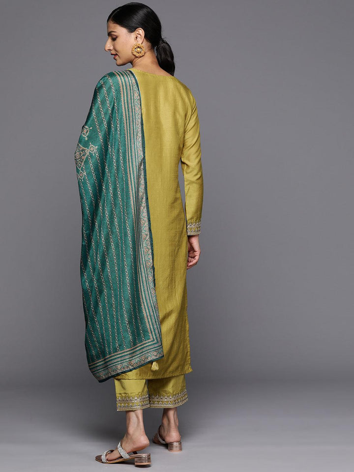 Yellow Printed Silk Blend Straight Kurta With Trousers & Dupatta - Libas