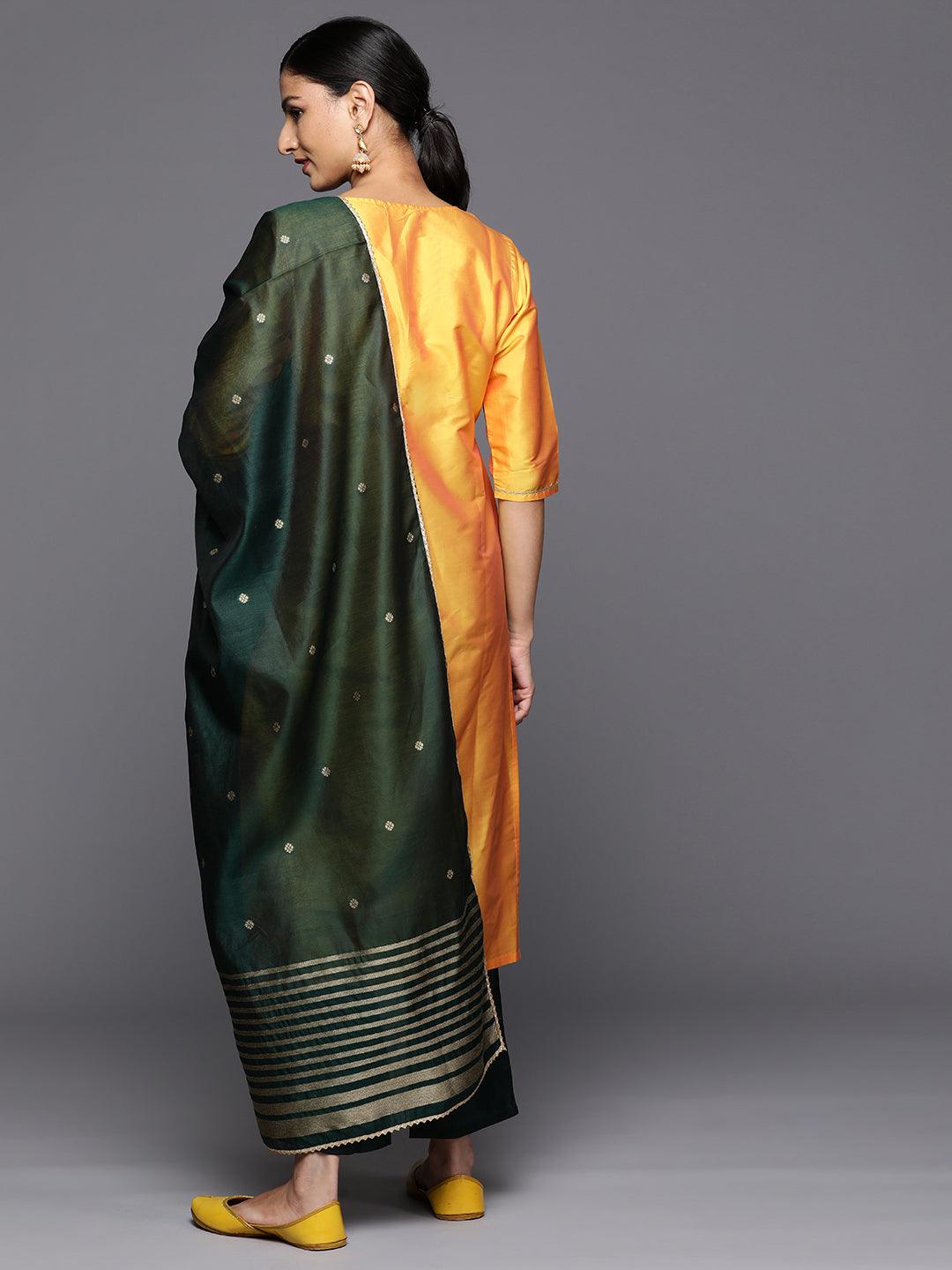 Yellow Printed Silk Blend Straight Kurta With Trousers & Dupatta - Libas 