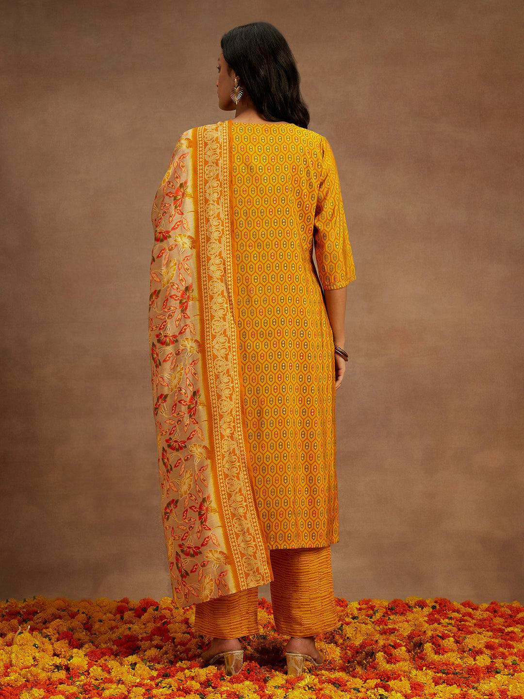 Yellow Printed Silk Blend Straight Kurta With Trousers & Dupatta - Libas