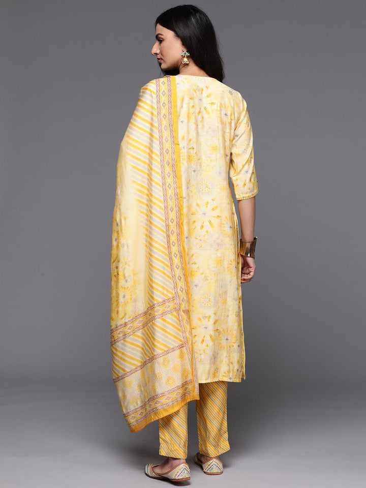 Yellow Printed Silk Blend Straight Kurta With Trousers & Dupatta - Libas