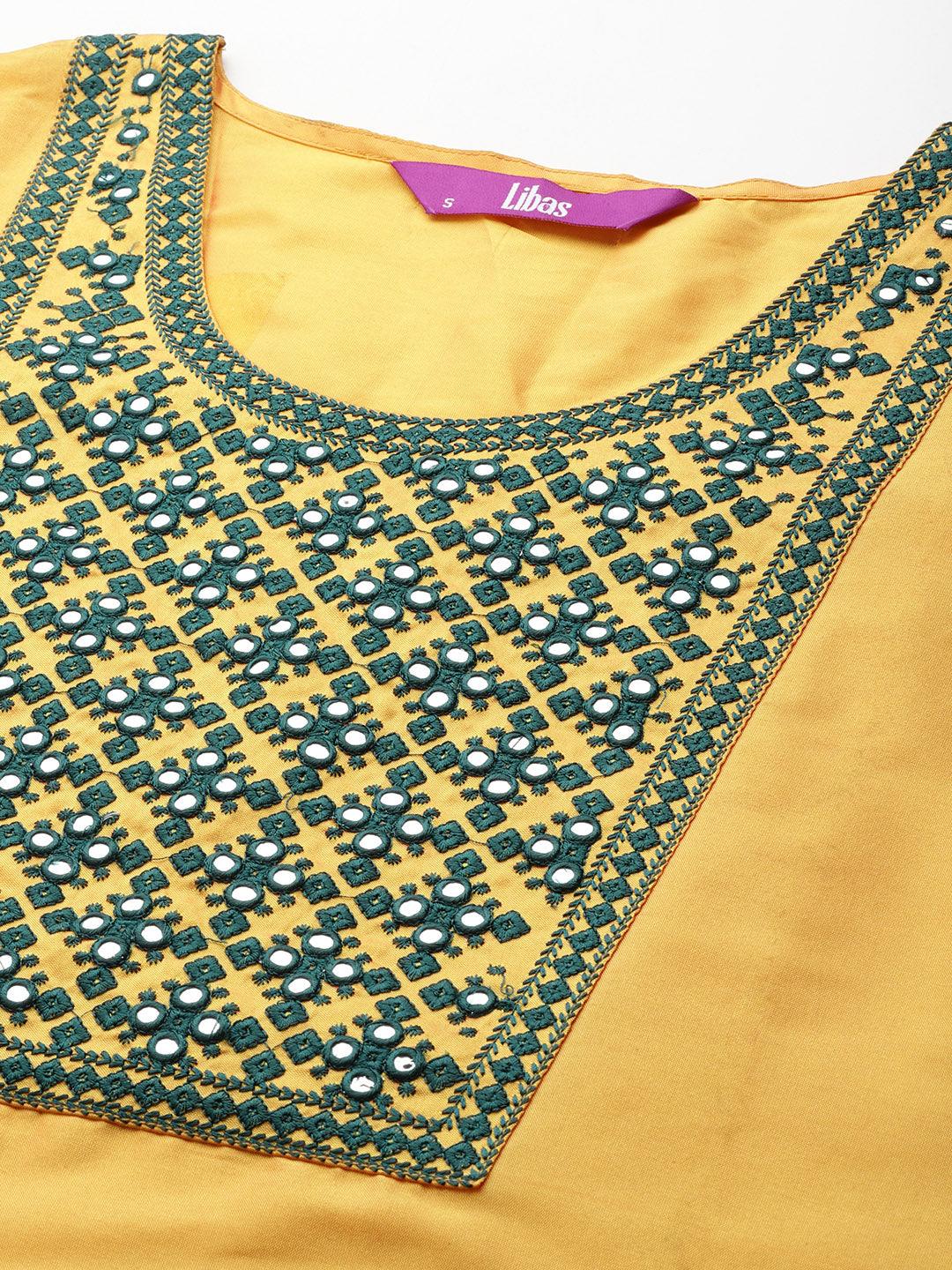 Yellow Printed Silk Blend Straight Kurta With Trousers & Dupatta - Libas 