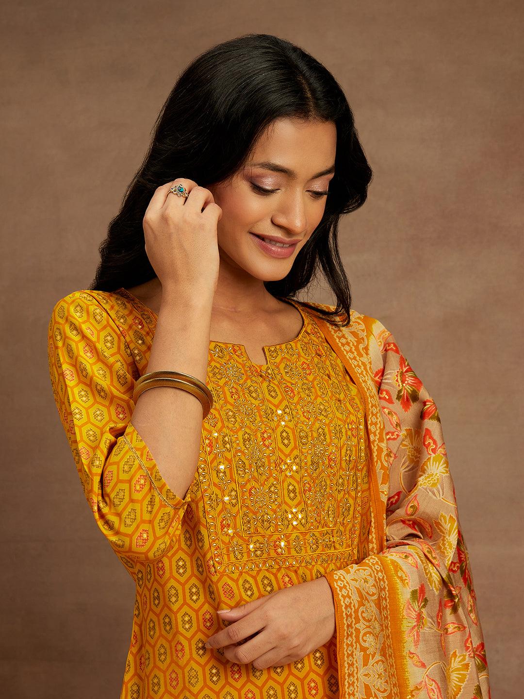 Yellow Printed Silk Blend Straight Kurta With Trousers & Dupatta - Libas