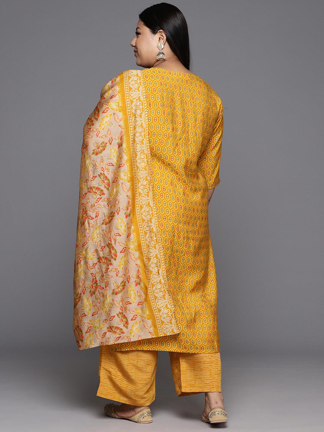 Yellow Printed Silk Blend Straight Kurta With Trousers & Dupatta - Libas