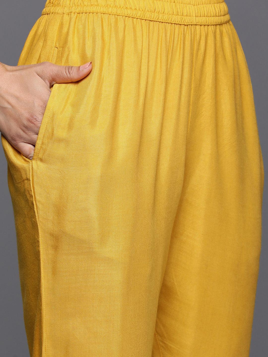 Yellow Printed Silk Blend Straight Kurta With Trousers & Dupatta