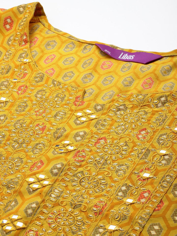 Yellow Printed Silk Blend Straight Kurta With Trousers & Dupatta - Libas