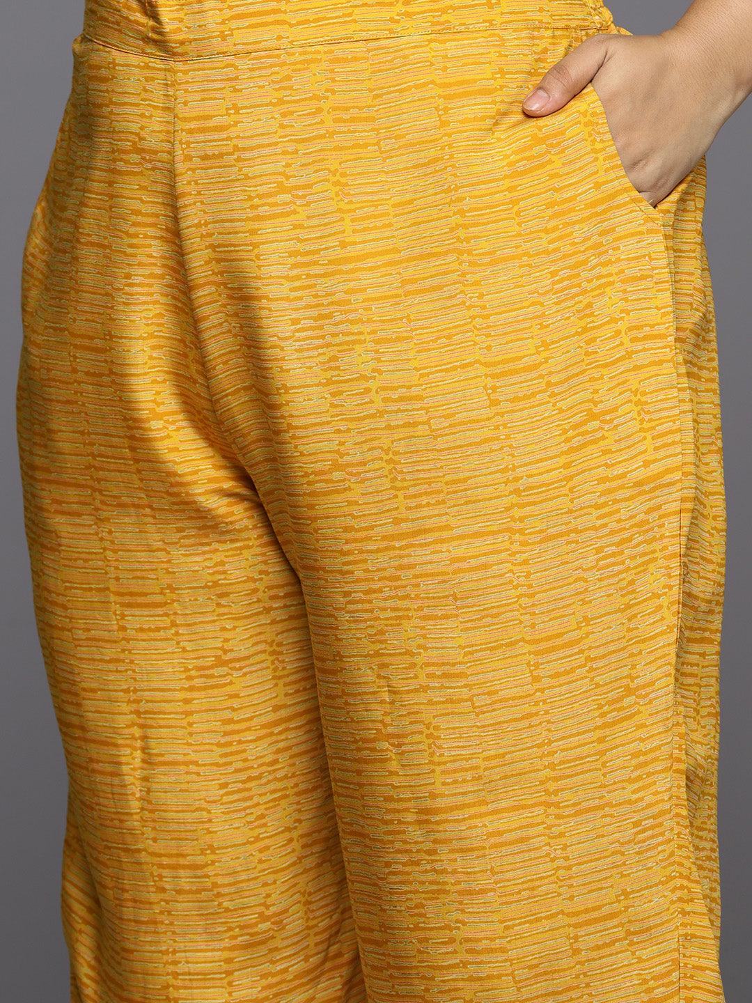 Yellow Printed Silk Blend Straight Kurta With Trousers & Dupatta - Libas